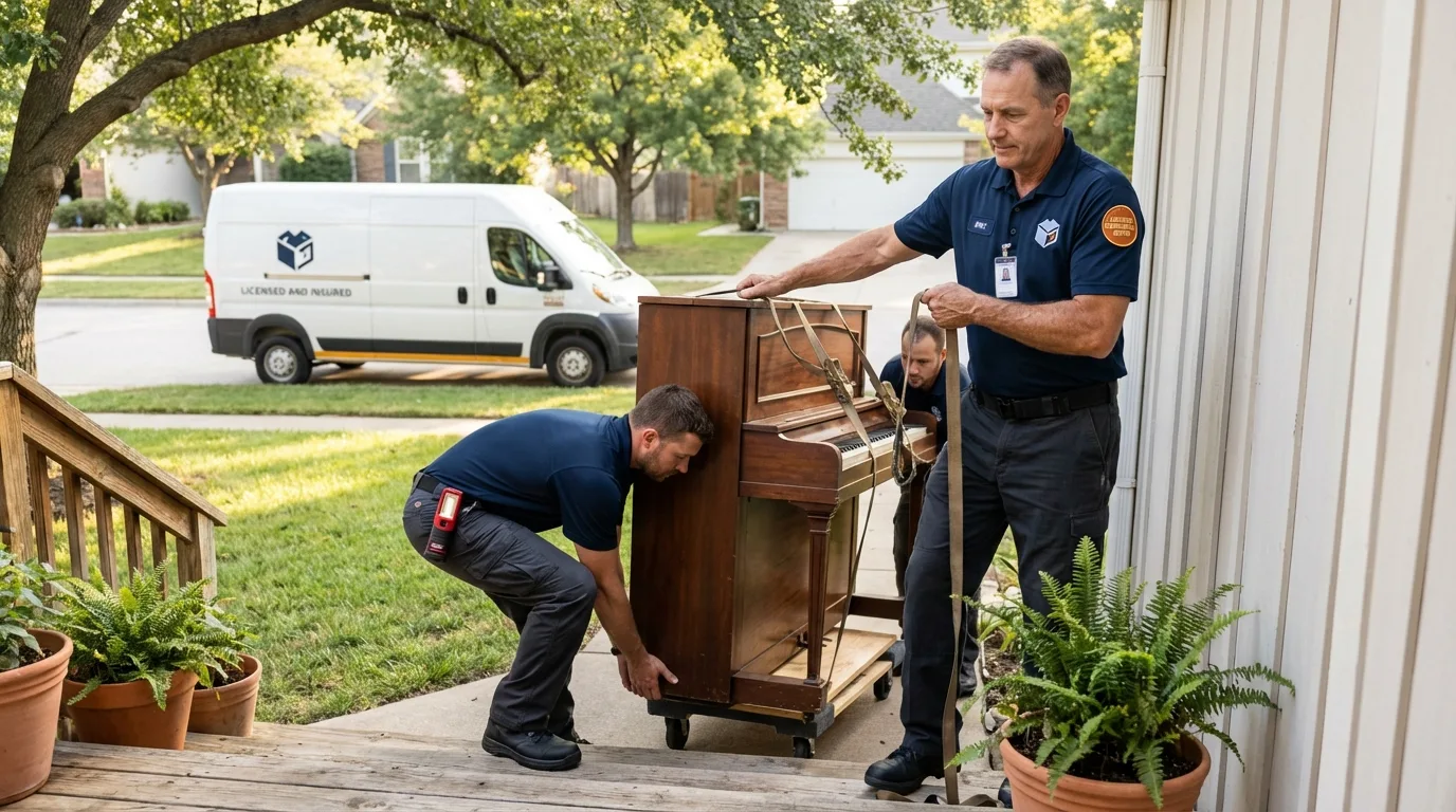 Licensed piano movers securing grand piano in Winamac, IN