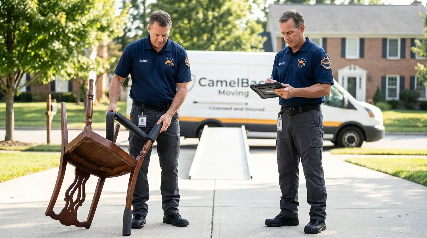 Movers inspecting furniture for damage prevention before loading in Winamac, IN